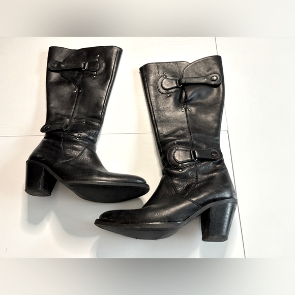Duo Boots Black Leather With Silver Hardware Knee High Wide Calf Boots Size 8 - Picture 1 of 6